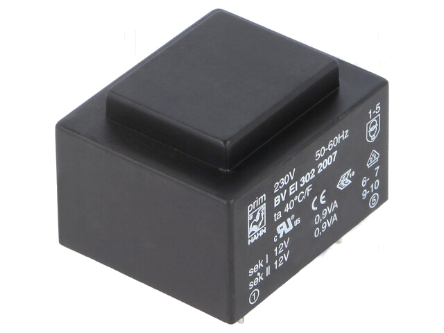 Transformator: ingegoten; 1,8VA; 230VAC; 12V; 12V; 75mA; 75mA; PCB Transformator: ingegoten; 1,8VA; 230VAC; 12V; 12V; 75mA; 75mA; PCB